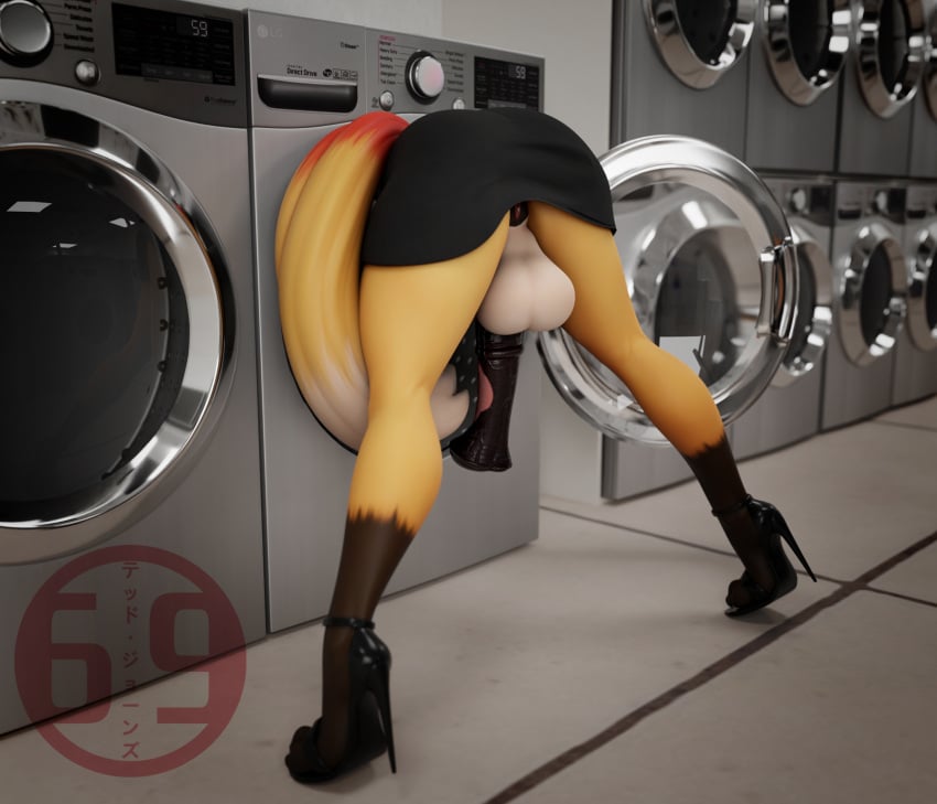 2023 3d 3d_(artwork) animal_genitalia animal_penis anthro appliance artist_logo balls biped bottomwear canid canine clothed clothing digital_media_(artwork) equine_genitalia equine_penis erection footwear fox genitals hi_res high_heels japanese_text logo mammal marti_dumont multicolored_body penis signature skimpy skirt solo stuck_in_washing_machine tail ted_jones_(artist) text washing_machine