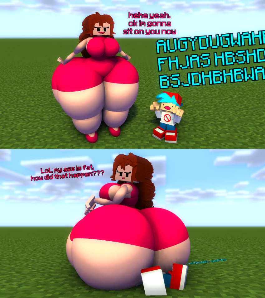 1boy 1girls 3d 3d_(artwork) 3d_model ass_bigger_than_head ass_focus background backwards_baseball_cap big_breasts boyfriend_(friday_night_funkin) facesitting friday_night_funkin girlfriend_(friday_night_funkin) huge_ass long_hair mine-imator mine_imator minecraft muffled panties smaller_male sospoo taller_girl text thick_thighs