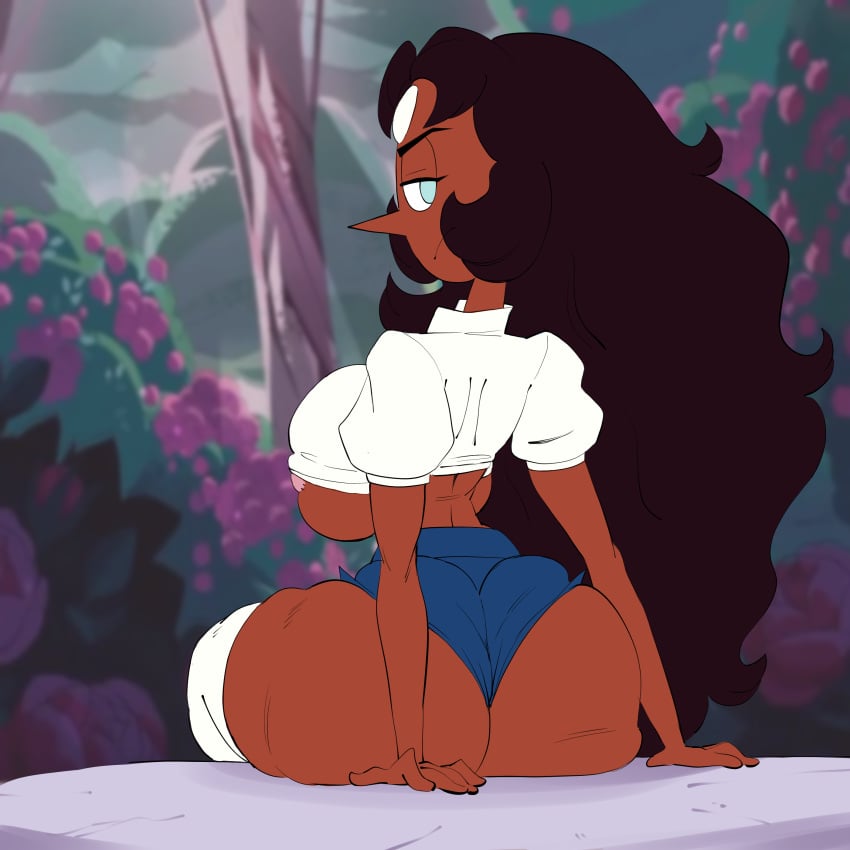 1girls alternate_version_available big_breasts breasts cartoon_network connie_maheswaran dark-skinned_female dark_skin fusion huge_breasts long_hair looking_back original_character pearl_(steven_universe) pokachu_(artist) rear_view steven_universe thick_thighs wide_hips