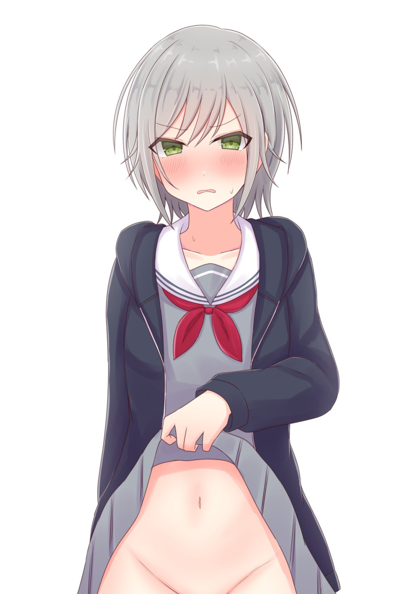 annoyed_expression blush chiaki_himanagi gray_hair green_eyes hinomori_shiho jacket lifting_skirt medium_breasts miyamasuzaka_girls'_academy_school_uniform project_sekai school_uniform showing_pussy sweatdrop