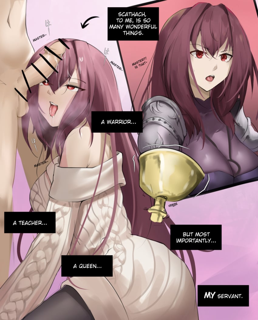 1boy 1girls 2024 bare_shoulders comic_page english_text eroborne fate/grand_order fate_(series) fujimaru_ritsuka_(male) hi_res hypnosis light-skinned_female light_skin mind_control red_eyes red_hair scathach_(fate) sweater text