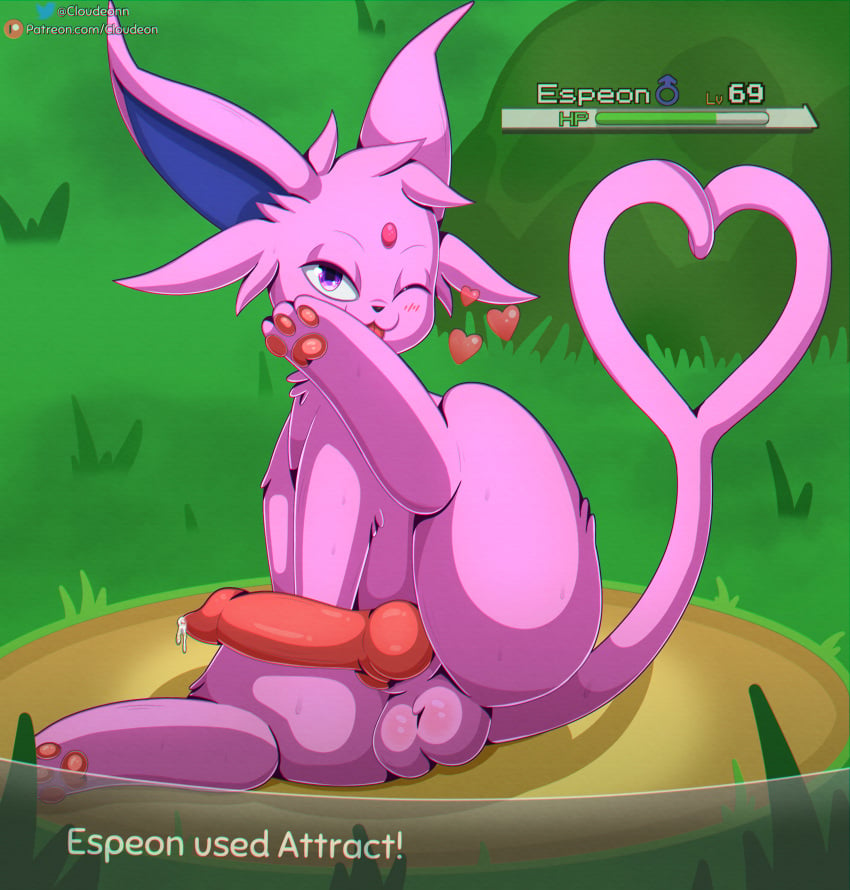 absurd_res animal_genitalia animal_penis balls big_penis bodily_fluids canine_genitalia canine_penis cloudeon eeveelution english_text erection espeon feral forked_tail fur gameplay_mechanics gender_symbol generation_2_pokemon genital_fluids genitals grass gui health_bar heart_shaped_tail hi_res knot looking_at_viewer male male_symbol nintendo one_eye_closed pawpads penis pink_body pink_fur plant pokemon pokemon_(species) precum smile smiling_at_viewer solo symbol tail text unusual_anatomy unusual_tail