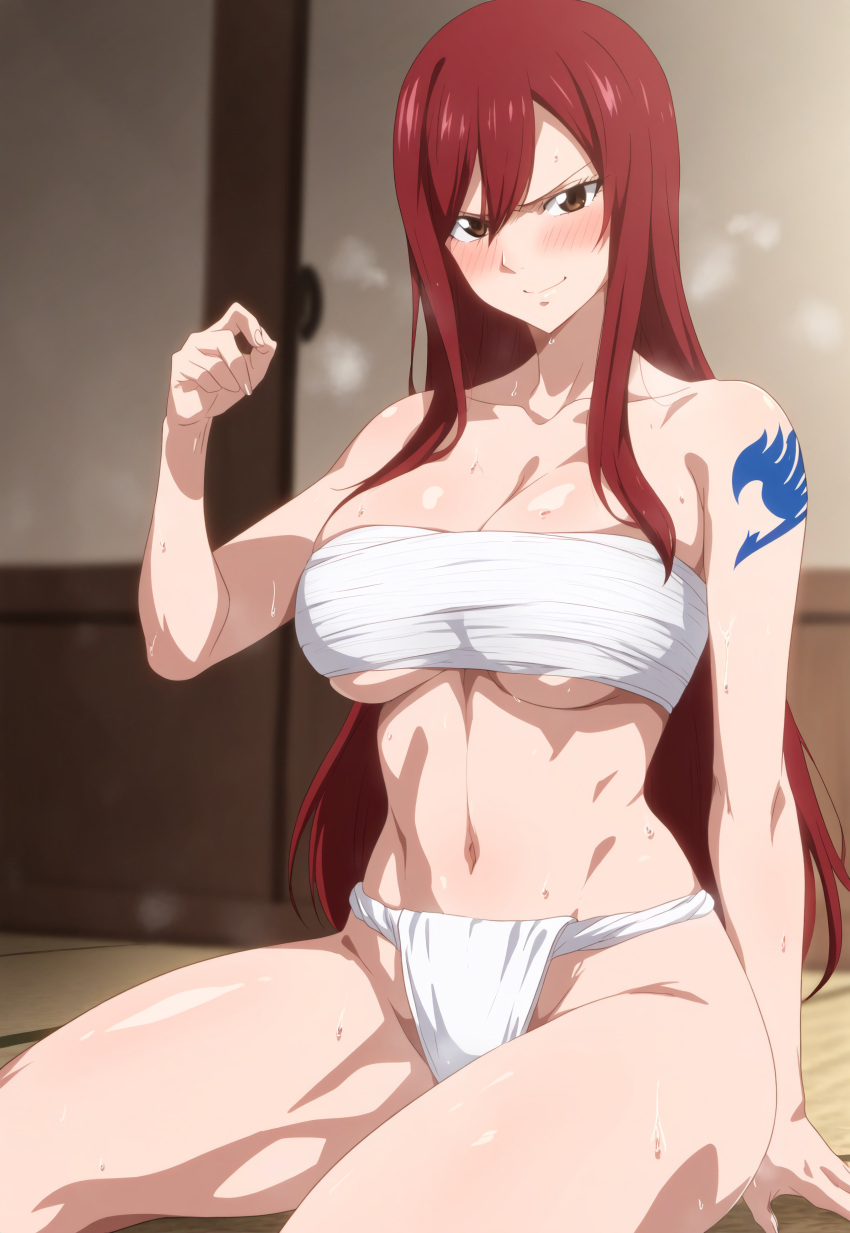 ai_generated arm_tattoo bandaged_chest bandages bangs big_breasts blush breasts breasts_bigger_than_head cleavage curvaceous curvy curvy_female curvy_figure drunk erza_scarlet fairy_tail female female_focus fundoshi hair_over_one_eye huge_breasts light-skinned_female light_skin nai_diffusion pale-skinned_female pale_skin parted_bangs red_hair sagging_breasts sitting smile stable_diffusion tattoo tofuro underwear very_long_hair voluptuous voluptuous_female white_skin