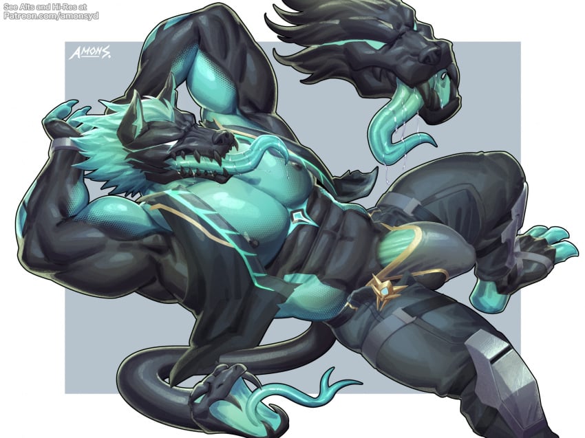 amon-sydonai anthro big_pecs black_body bodily_fluids bulge canid canid_demon canine cerberus cerberus_(fortnite) clothed clothing demon detailed_bulge epic_games european_mythology fangs forked_tongue fortnite genital_outline genitals greek_mythology green_body green_penis hellhound hi_res living_tail long_tongue male male_only mammal multi_head mythological_canine mythological_creature mythology open_clothing open_mouth open_topwear open_vest pecs penis penis_base penis_outline reclining reptile saliva scalie sharp_teeth snake solo tail teeth tenting tongue tongue_out topwear unusual_anatomy unusual_tail vest