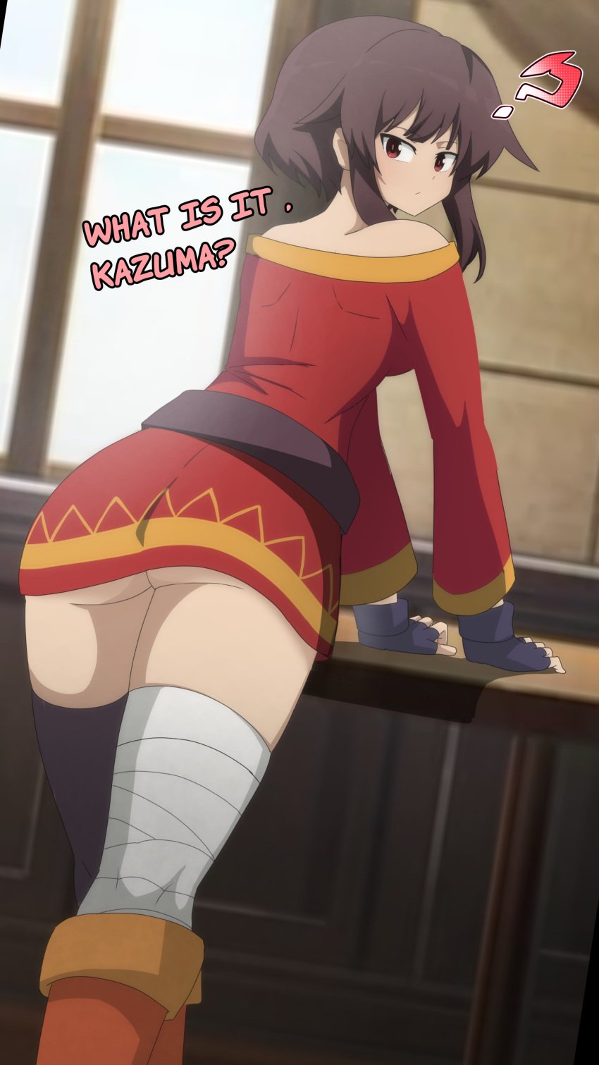 1girls ? ass ass_focus bent_over_table boots casual casual_exposure crossed_legs exposed_ass kono_subarashii_sekai_ni_shukufuku_wo! megumin no_panties peeping skirt skirt_lift skirt_up solo thigh_highs thighhighs thighs upskirt zukafu_shimoto