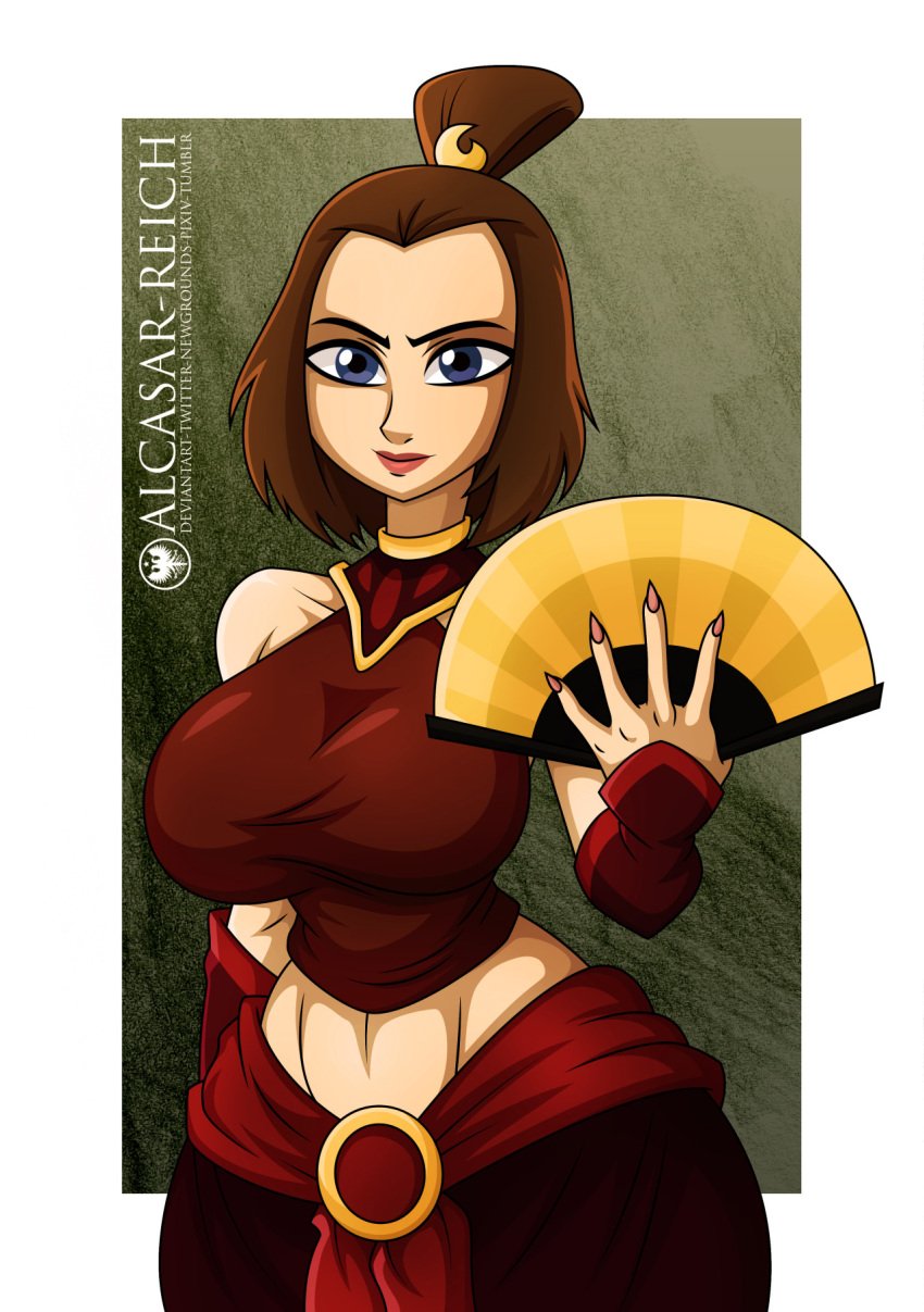 ... 1girls alcasar-reich avatar_legends avatar_the_last_airbender bare_shoulders belly blue_eyes breasts brown_hair earth_kingdom fan_(object) female female_focus female_only fire_nation holding_object large_breasts lipstick looking_at_viewer nail_polish nonbender pink_nails red_lipstick serious solo solo_female solo_focus suki