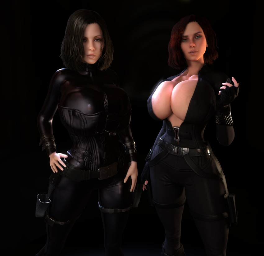 2girls 3d 3d_(artwork) alternate_breast_size areola_slip areolae areolae_slip black_bodysuit black_hair black_widow_(marvel) bodysuit breasts_bigger_than_head clothed clothed_female crossover female female_only fingerless_gloves fully_clothed gigantic_breasts gloves green_eyes hand_on_hip hand_on_own_hip hourglass_figure huge_breasts human human_female kate_beckinsale looking_at_viewer marvel marvel_cinematic_universe natasha_romanoff open_clothes red_hair scarlett_johansson selene_(underworld) skin_tight slim_waist small_waist thick_thighs thighs thin_waist tight_clothing top_heavy top_heavy_breasts underworld unzipped unzipped_bodysuit upper_body vaako vampire vampire_girl wasp_waist wide_hips