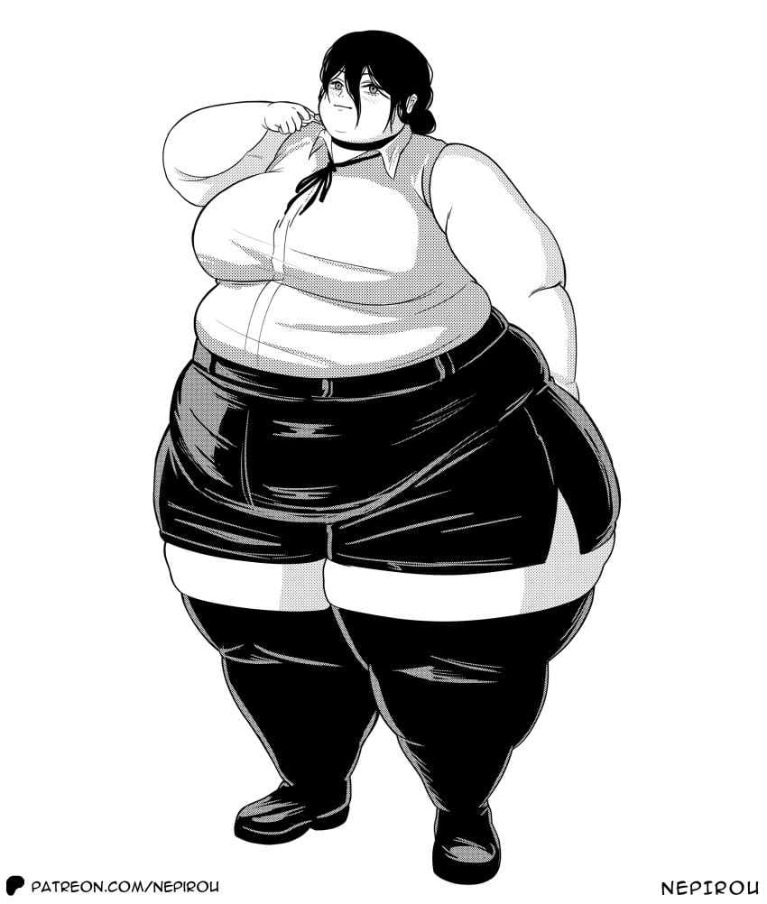 1girls bbw big_breasts black_and_white chainsaw_man collar fat_arms fat_legs head_tilt light-skinned_female morbidly_obese_female nepirou obese obese_female reze_(chainsaw_man) russian_girl skirt