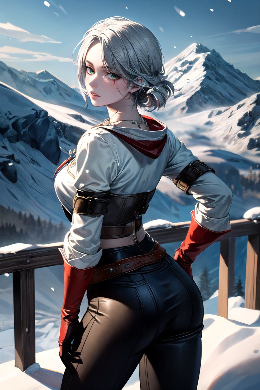 ai_generated ass ciri clothing deto15 dress female green_eyes light-skinned_female outdoors scar solo the_witcher_(series) the_witcher_3:_wild_hunt white_hair