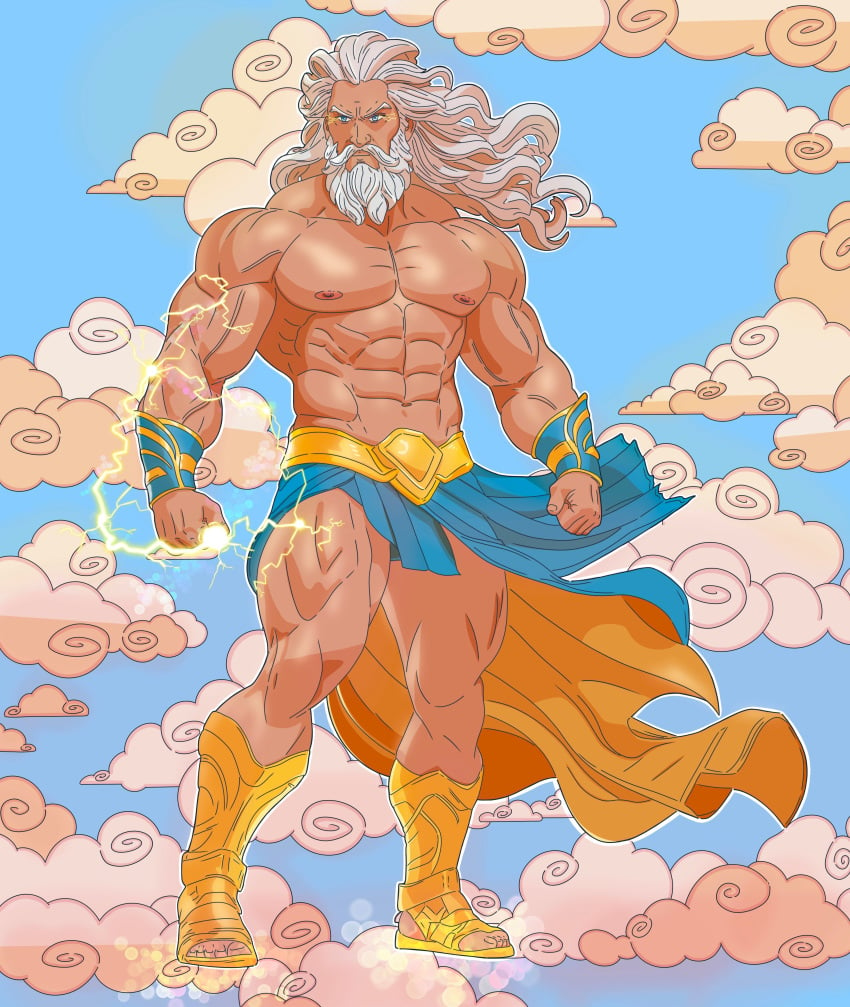 bara beard clouds daddy digital_media_(artwork) gay hair muscle muscular_male mythology spaceguybob zeus