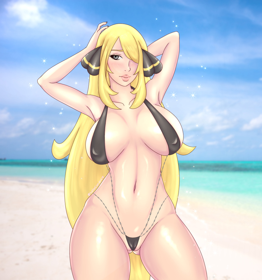 1girls abs alternate_breast_size alternate_outfit armpits arms_up beach belly big_breasts bikini black_bikini blonde blonde_female blonde_hair blonde_hair_female blush breasts cameltoe cynthia_(pokemon) day embarrassed female fit grey_eyes hair_ornament hair_over_one_eye halationart huge_breasts human human_only large_breasts light_skin long_hair looking_away navel nintendo nipple_bulge ocean outdoors photo_background pokemon pokemon_champion pokemon_dppt pose sand sky sweat thick_legs thick_thighs thigh_gap two_piece_swimsuit very_long_hair water wide_hips