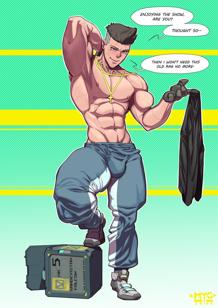 1boy bara bulge clothing cyberpunk:_edgerunners cyberpunk_2077 david_martinez_(edgerunners) english_text looking_at_viewer male male_focus male_nipples male_only muscular muscular_male mygetawayart netflix nipples solo solo_male