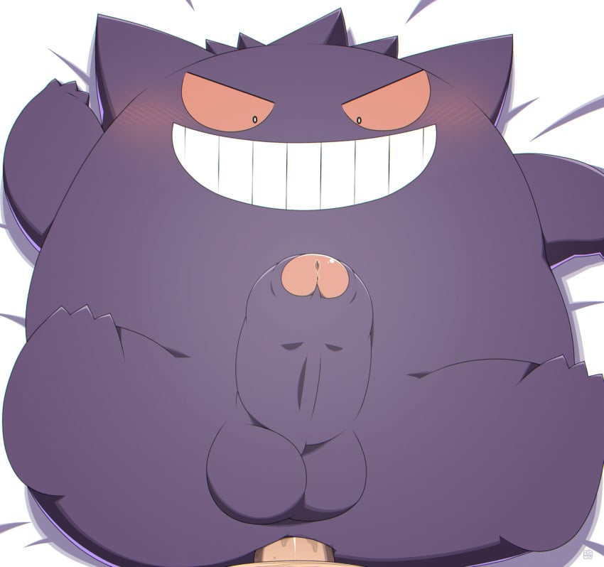 2024 absurd_res anal anthro balls blush duo erection generation_1_pokemon gengar genitals hi_res kemono lying male male/male nintendo penis penta002 pokemon pokemon_(species) purple_body sex slightly_chubby smile solo_focus