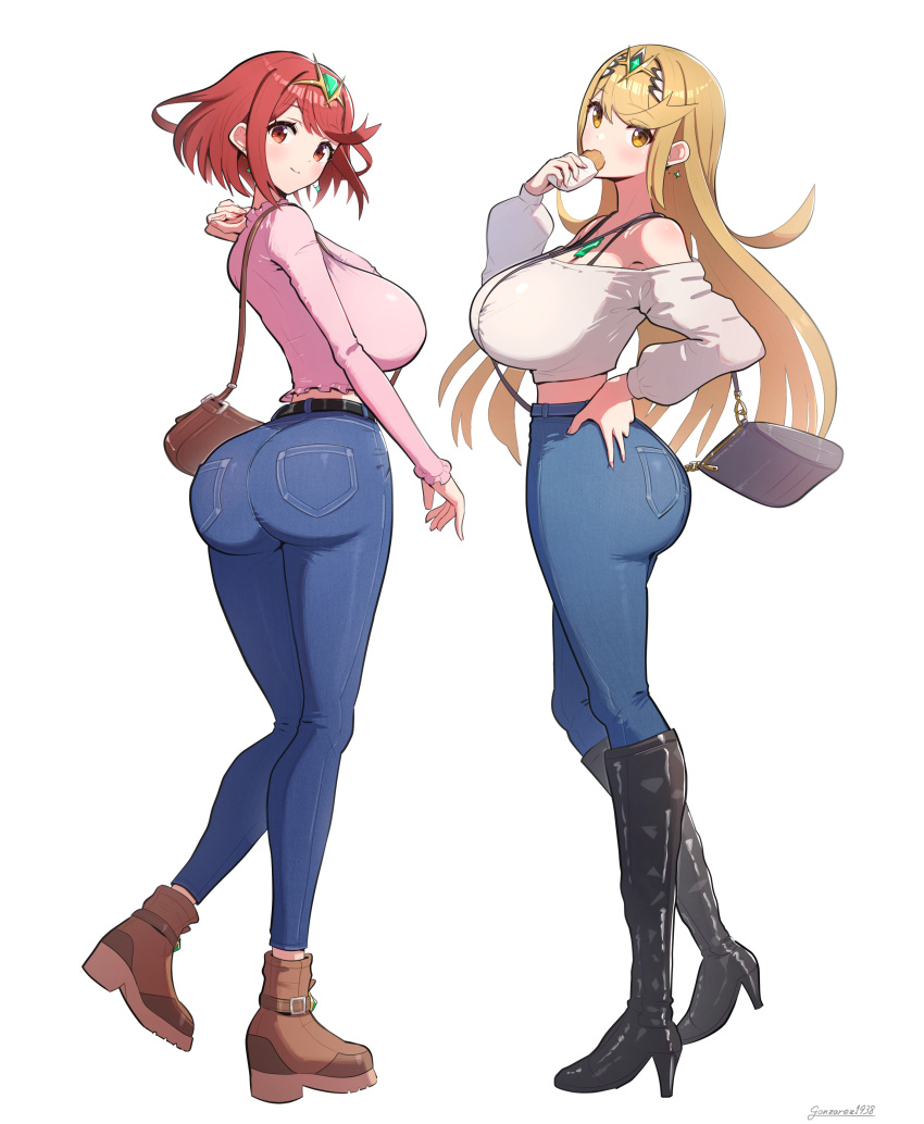 1girls ass big_ass big_breasts blonde_hair boots breasts bubble_ass bubble_butt busty casual_clothes clothed core_crystal dat_ass female gold_eyes gonzarez heels hourglass_figure huge_ass huge_breasts jeans large_ass large_breasts light-skinned_female light_skin mythra nintendo pyra red_eyes red_hair round_ass short_hair simple_background thick_thighs tight_clothing tight_jeans very_long_hair voluptuous wide_hips xenoblade_(series) xenoblade_chronicles_2