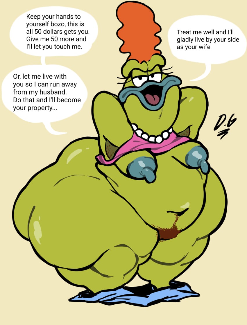 amphibian angry_eyes annoyed anthro armpit_hair ass bev_bighead big_butt body_hair dialogue dickergazer english_text female frog hi_res huge_butt mature_anthro mature_female morbidly_obese nickelodeon overweight overweight_anthro overweight_female pubes rocko's_modern_life solo solo_focus speech_bubble text thick_thighs toad_(frog)