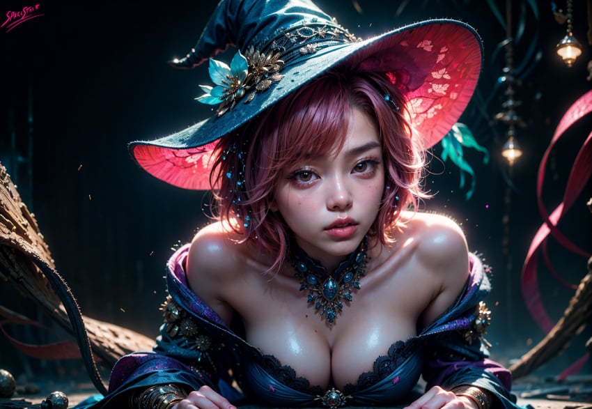 ai_generated big_breasts big_lips brown_eyes cleavage clothed cute_face fallen_down glowing jewelry magical_girl non-nude pink_hair shiny_skin spark_star witch witch_hat