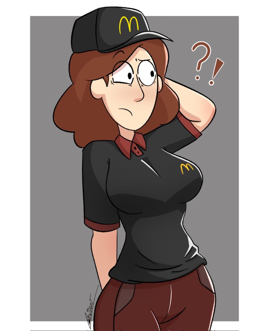 autart big_breasts brown_hair exclamation_mark hilda_(series) johanna_(hilda) mcdonald's netflix question_mark uniform voluptuous_female