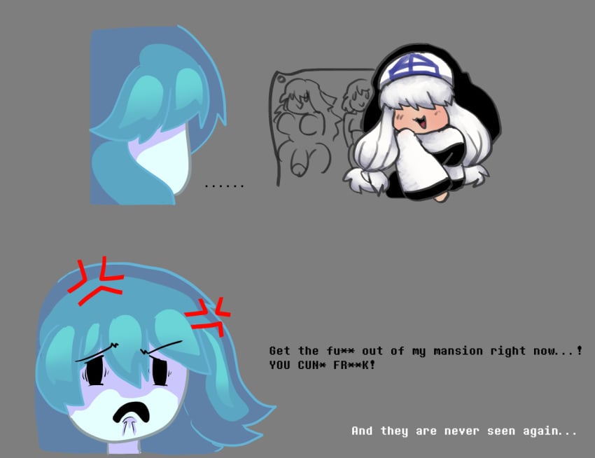 2girl angry angry_face blue_hair blue_skin dialogue disappointed eyebrows eyebrows_visible_through_hair ghost ghost_girl laughing lilyun_(whitewo1f) mad no_sex spooky's_house_of_jump_scares spooky's_jump_scare_mansion spooky_(shojs) spooky_(sjm) swearing tagme text video_games whitewo1f