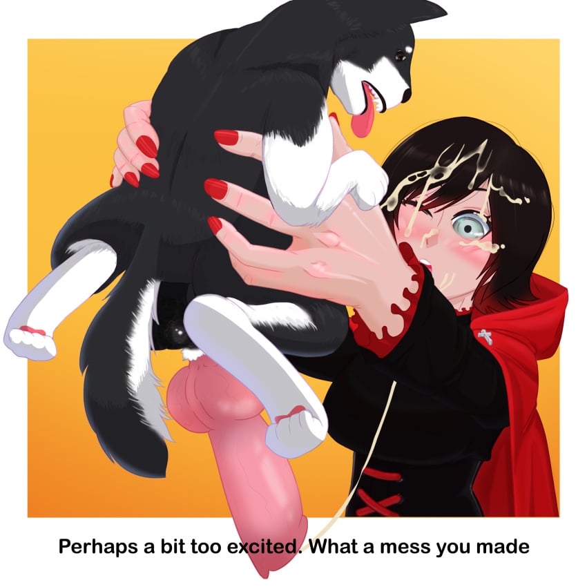 1boy 1girls 2d black_hair blush canine cape cum cum_on_face english_text erection female human jellomallo male penis ruby_rose rwby text zoophilia zwei