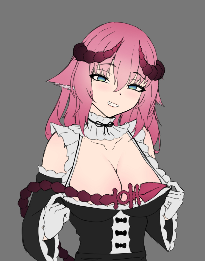 big_breasts blue_eyes breasts covered_nipples extromox furry_ears irelyth looking_at_viewer maid_dress pink_ears pink_hair pink_horns pink_tail smiling_at_viewer succubus tail virtual_youtuber vtuber white_gloves