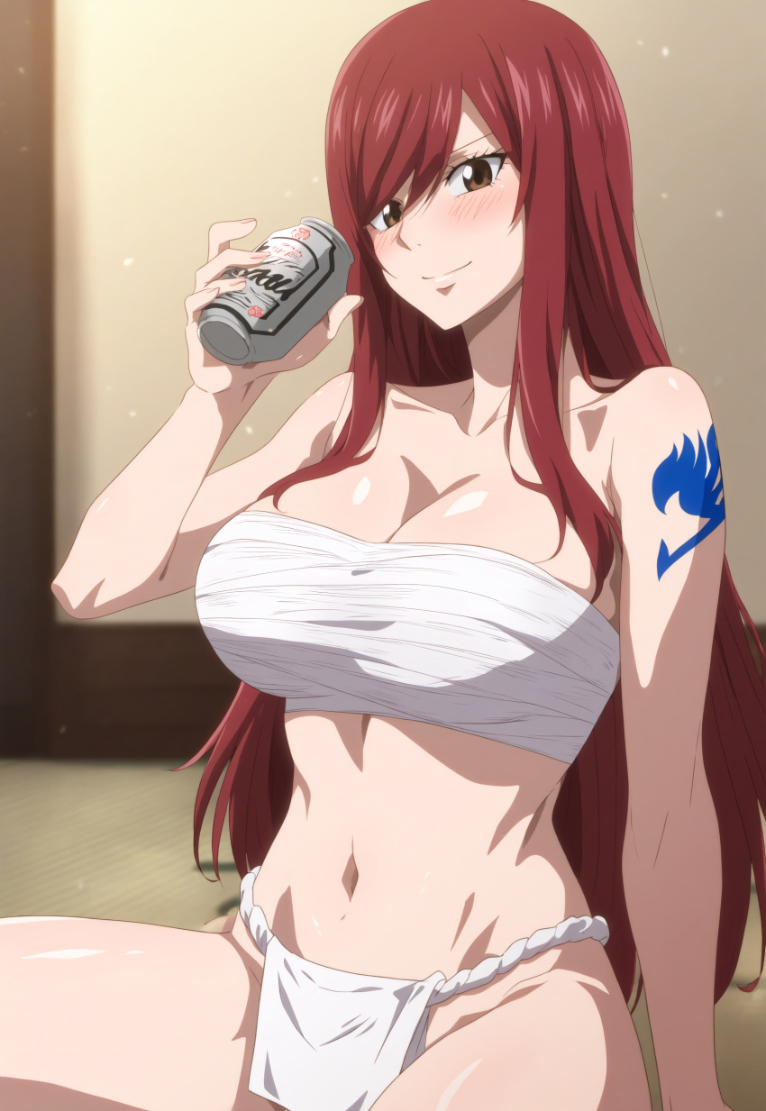 ai_generated arm_tattoo bandaged_chest bandages bangs beer beer_can big_breasts breasts breasts_bigger_than_head can cleavage curvaceous curvy curvy_female curvy_figure drink drunk erza_scarlet fairy_tail female female_focus fundoshi hair_over_one_eye holding_object huge_breasts light-skinned_female light_skin nai_diffusion pale-skinned_female pale_skin parted_bangs red_hair sagging_breasts sitting solo stable_diffusion tattoo tofuro underwear very_long_hair voluptuous voluptuous_female white_skin