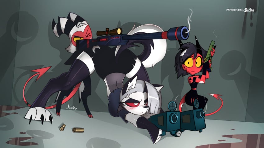 1boy 2girls aiming ass blood bullets demon demon_girl dual_wielding funny goth gun hellhound helluva_boss imp jack-o_pose jizoku loona_(helluva_boss) millie_(helluva_boss) moxxie_(helluva_boss) one_eye_closed sniper_rifle vivienne_medrano