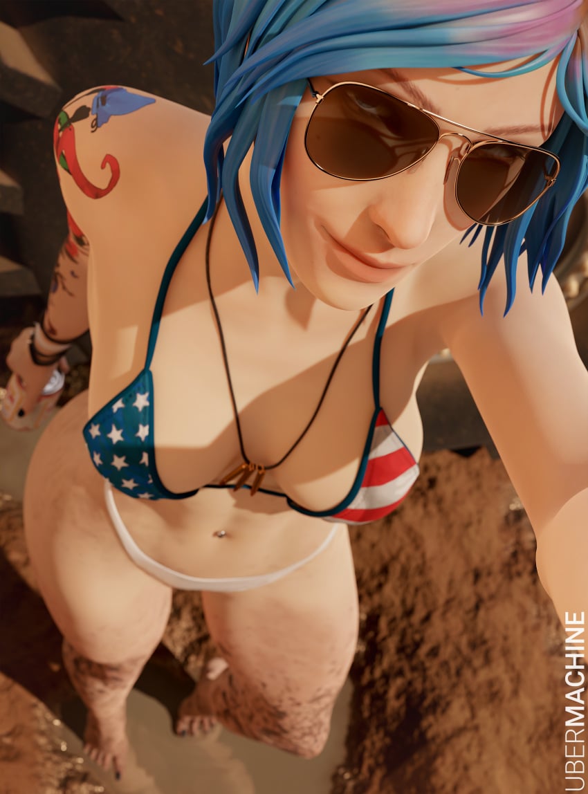 1girls 3d american_flag_bikini aviator_sunglasses beer bikini blue_hair casual chloe_price dirty feet female female_only full_color life_is_strange looking_at_viewer mud necklace no_penetration no_sex panties selfie smile solo solo_female sunglasses tattoo tattooed_arm tinted_eyewear toes ubermachineworks white_panties