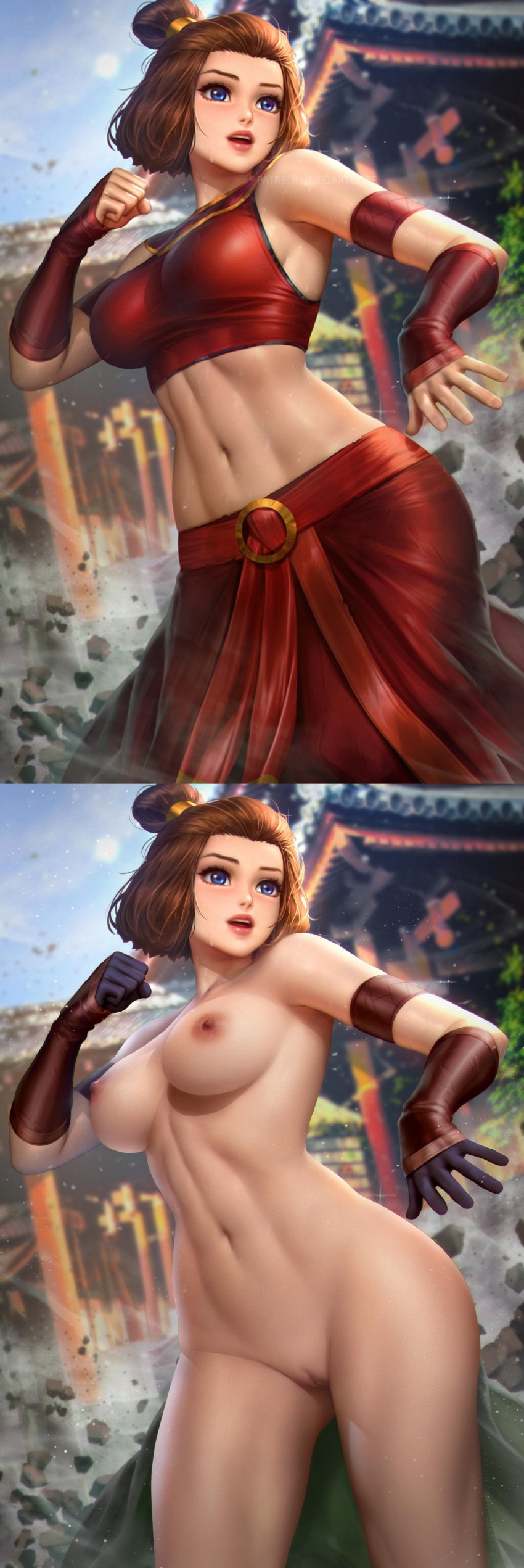 1girls avatar_legends avatar_the_last_airbender big_breasts blue_eyes bracelet bracelets breasts brown_hair clothed clothing completely_naked completely_nude completely_nude_female earth_kingdom female female_focus female_only fighting_stance fire_nation large_breasts naked naked_female neoartcore nickelodeon no_pubic_hair nonbender nude nude_female open_mouth pussy solo solo_female solo_focus suki tied_hair toned toned_female vagina