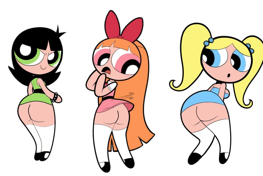 :o ass black_hair blonde_hair blossom_(powerpuff_girls) bracelet bubbles_(powerpuff_girls) buttercup_(powerpuff_girls) cartoon_network hairbow looking_at_viewer looking_back no_panties orange_hair powerpuff_girls powerpuff_girls_2016 sb99 scobionicle99 smile twintails white_background wind_lift without_panties