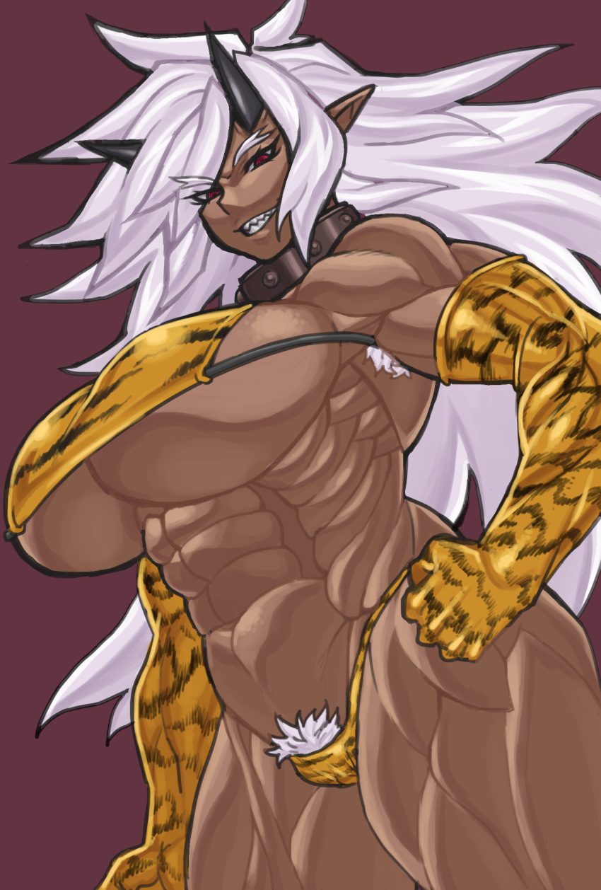 1girls abs armpit_hair bikini bushy_eyebrows bushy_pubes collar elbow_gloves hand_on_hip highres horns large_breasts leopard_print long_hair looking_at_viewer metal_collar muscular_female muscular_thighs oni original pubic_hair red_eyes sharp_teeth smile solo timaturixp underboob white_hair