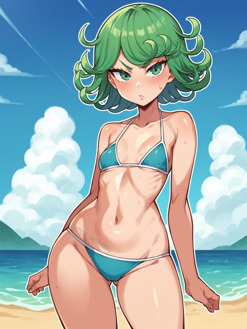 1girls ai_generated ass_visible_through_thighs barely_clothed beach bikini bikini_bottom bikini_top breasts female female_focus female_only flat flat_chest flat_chested flat_is_justice green_bikini green_eyes green_hair hip_dips jorgecarlosai messy_hair one-punch_man petite petite_body petite_breasts petite_female short_hair small_boobs small_breasts small_tits swimsuit tagme tatsumaki thick_thighs water wide_hips