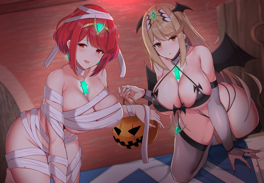 2girls bandage bandages bat_wings bed bent_over bikini black_bikini blanket blonde_hair blush breasts bridal_gauntlets choker cleavage commentary_request costume criss-cross_halter crystal demon_wings dual_persona earrings female_focus halloween halloween_basket halloween_costume halterneck head_wings highres jack-o'-lantern jewelry large_breasts latex matching_hair/eyes multi-strapped_bikini multiple_girls mummy_costume mythra nintendo noeomi open_mouth pillow pyra red_eyes red_hair short_hair succubus swimsuit thighhighs tiara underboob wings xenoblade_(series) xenoblade_chronicles_2 yellow_eyes