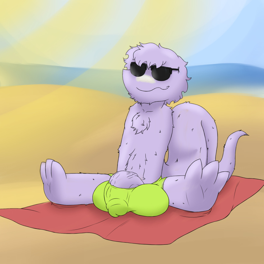 anthro armless balls beach big_balls big_bulge big_penis big_tail bulge clothing eyewear genitals hi_res male male_focus mikey6193 on_towel penis penis_peek solo speedo spread_legs spreading squirmle sunglasses swimwear tail towel vein veiny_penis wardrobe_malfunction