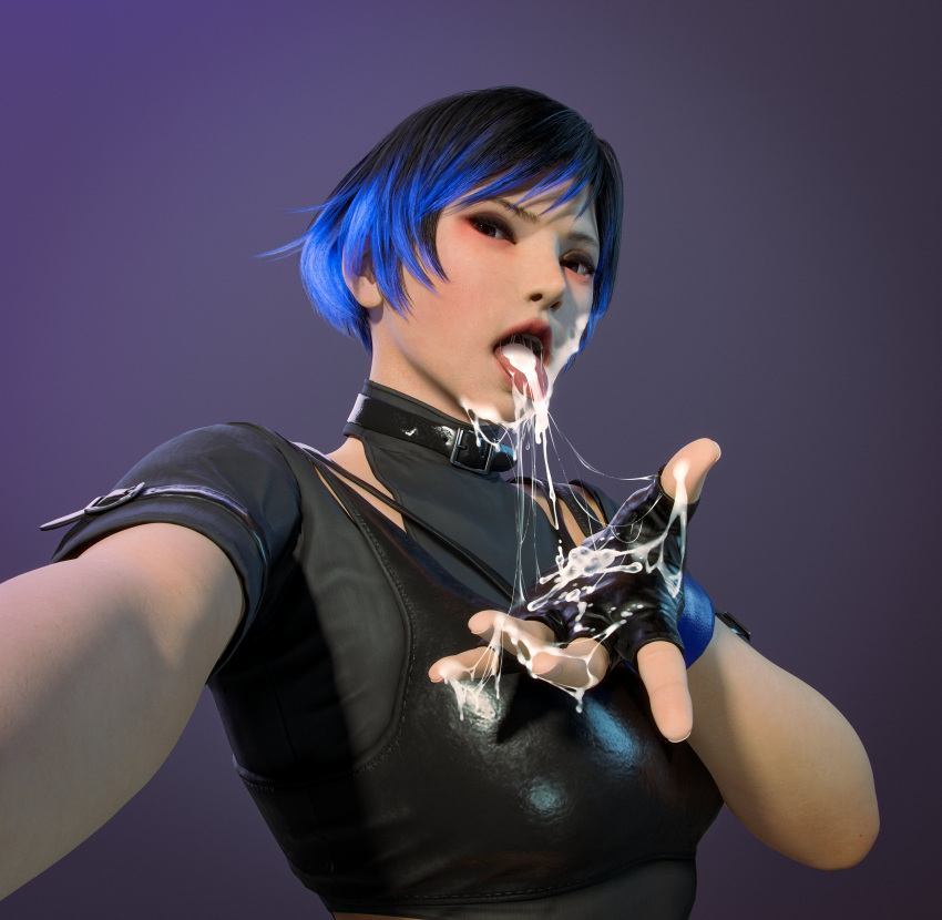 1girls 3d 3d_(artwork) after_fellatio asian_female bandai_namco black_hair blue_hair breasts clothed_female clothes collar cum cum_dripping_from_mouth cum_in_mouth cum_inside cum_on_hand cum_on_tongue eclair_stones female female_only fingerless_gloves human namco no_visible_genitalia open_mouth reina_mishima selfie short_hair solo tekken tekken_8 tomboy tongue tongue_out two_tone_hair