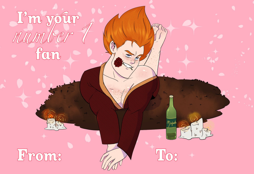 bedroom_eyes big_hair candles disney face_closeup freckles looking_at_viewer lovelabproductions male_only no_visible_genitalia postcard red_hair robe rose_(flower) rose_in_mouth rug smile syndrome tail the_incredibles thighs valentine's_day wanting_sex wine_bottle