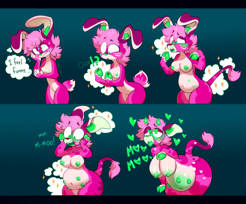 absurd_res ahe_gao anthro blush bovid bovine breasts cattle female fur heart_eyes heart_symbol hi_res lagomorph leporid looking_pleasured magic mammal multi_breast olive_cow pink_body pink_fur rabbit sashathebunny solo transformation transformation_sequence transformation_through_magic