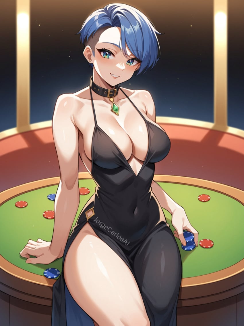 1girls ai_generated bare_legs big_breasts black_dress blue_eyes blue_hair breasts casino casino_card_table cleavage collar dress female female_focus female_only jorgecarlosai legs pixie_cut poker_chip poker_table revealing_clothes sexy_dress short_hair sitting tagme