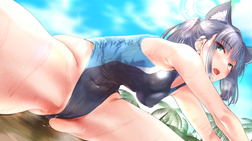 animal_ear_fluff animal_ears armpits bare_arms bare_legs bare_shoulders blue_archive blue_eyes blush breasts cameltoe collarbone competition_swimsuit covered_nipples cross_hair_ornament day ebitop extra_ears female grey_hair groin hair_ornament halo heavy_breathing highleg highleg_swimsuit highres looking_at_viewer medium_breasts medium_hair mismatched_pupils multicolored_clothes multicolored_swimsuit official_alternate_costume one-piece_swimsuit open_mouth outdoors shiroko_(blue_archive) shiroko_(swimsuit)_(blue_archive) sky solo spread_legs stretching swimsuit water_drop wet wide_spread_legs wolf_ears