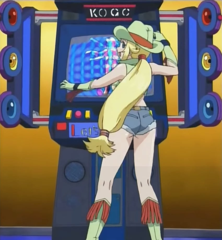 1girls arcade_gamer_fubuki ass big_ass big_breasts blonde_hair blue_eyes boots breasts busty cowboy_hat dancing denim denim_shorts female female_only from_behind gloves hat highres keroro_gunsou large_breasts long_hair looking_at_viewer looking_back melody_honey midriff screencap shorts sideboob smile solo stitched third-party_edit