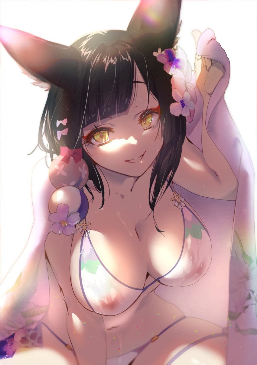 animal_ears asymmetrical_bangs backlighting bikini black_hair blue_archive breasts cleavage covered_nipples ebitop female flower fox_ears fox_girl hair_flower hair_ornament highres holding holding_towel large_breasts long_hair navel out-of-frame_censoring see-through sitting slit_pupils smile solo string_bikini swimsuit teeth towel wakamo_(blue_archive) wakamo_(swimsuit)_(blue_archive) wet wet_clothes yellow_eyes