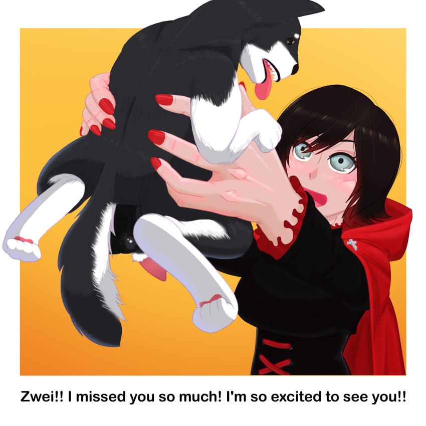 1boy 1girls black_hair canine cape english_text female human jellomallo male penis ruby_rose rwby text zoophilia zwei