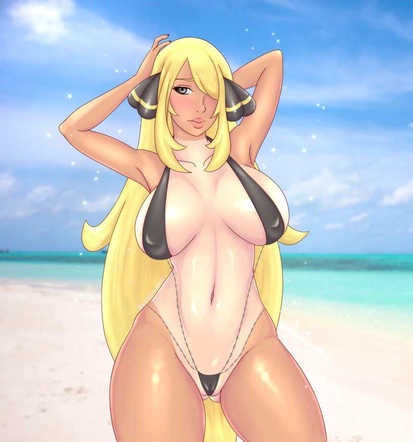 1girls abs alternate_breast_size alternate_outfit armpits arms_up beach belly big_breasts bikini black_bikini blonde blonde_female blonde_hair blonde_hair_female blush breasts cameltoe cynthia_(pokemon) day embarrassed female fit grey_eyes hair_ornament hair_over_one_eye halationart huge_breasts human human_only large_breasts light_skin long_hair looking_away navel nintendo nipple_bulge ocean outdoors photo_background pokemon pokemon_champion pokemon_dppt pose sand sky sweat tan tan_lines tanlines thick_legs thick_thighs thigh_gap two_piece_swimsuit very_long_hair water wide_hips