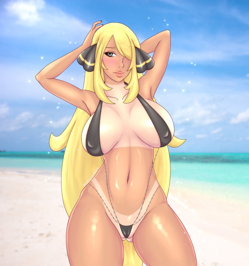 1girls abs alternate_breast_size alternate_outfit armpits arms_up beach belly big_breasts bikini black_bikini blonde blonde_female blonde_hair blonde_hair_female blush breasts cameltoe cynthia_(pokemon) day embarrassed female fit grey_eyes hair_ornament hair_over_one_eye halationart huge_breasts human human_only large_breasts light_skin long_hair looking_away navel nintendo nipple_bulge ocean outdoors photo_background pokemon pokemon_champion pokemon_dppt pose sand sky sweat tan tan_lines tan_skin tanlines thick_legs thick_thighs thigh_gap two_piece_swimsuit very_long_hair water wide_hips