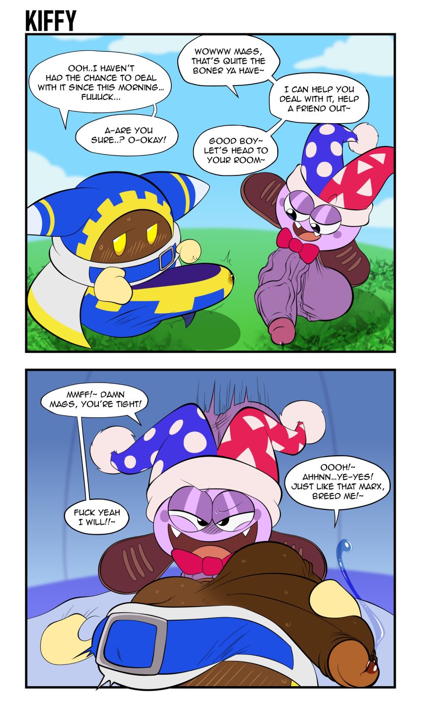 ball_with_hyper_features balls bulge bulge_through_clothing hyper_balls hyper_penis kiffy_(artist) kirby_(series) magolor male_only marx marx_(kirby) penis precum precum_through_clothing sweat