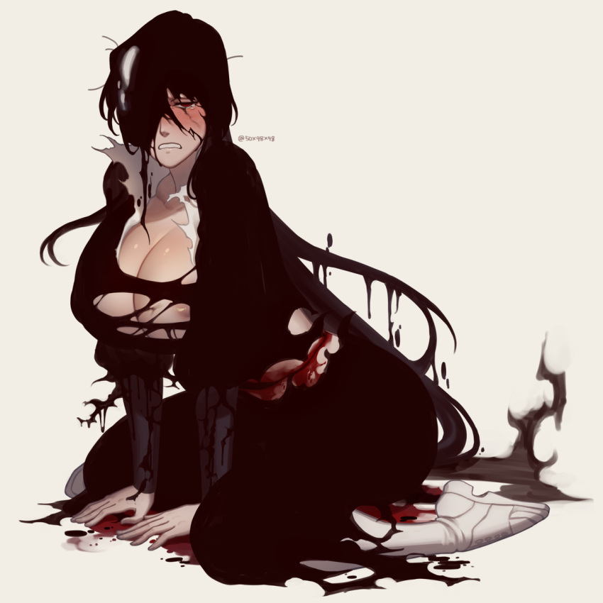 1girls 50x48x48 big_breasts black_hair bleach bleach:_the_thousand-year_blood_war bleeding blood boots cleavage crying defeated genderswap_(mtf) injury long_hair mascara_tears milf on_knees red_eyes ruined_makeup rule_63 yhwach