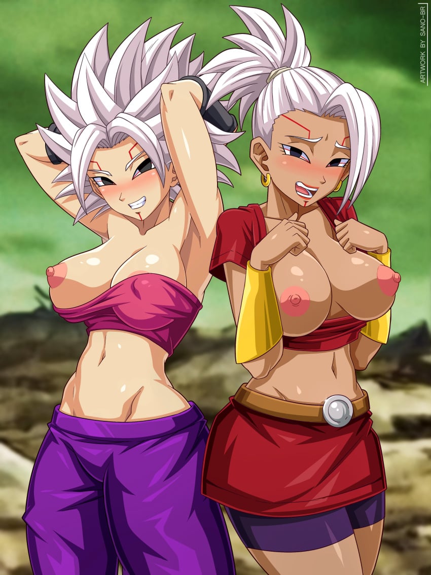 2girls areola areola_slip areolae armpits arms_behind_head big_breasts breasts caulifla corrupted corruption dark-skinned_female dragon_ball dragon_ball_heroes dragon_ball_super erect_nipples erect_nipples_under_clothes exposed_breasts female female_only genderswap groin hi_res high_resolution highres hoop_earrings kale kamin large_breasts nipple_bulge nipples one_breast_out oren parasitic_possession possessed possession rule_63 sano-br shounen_jump siblings super_dragon_ball_heroes tuffle tuffleization