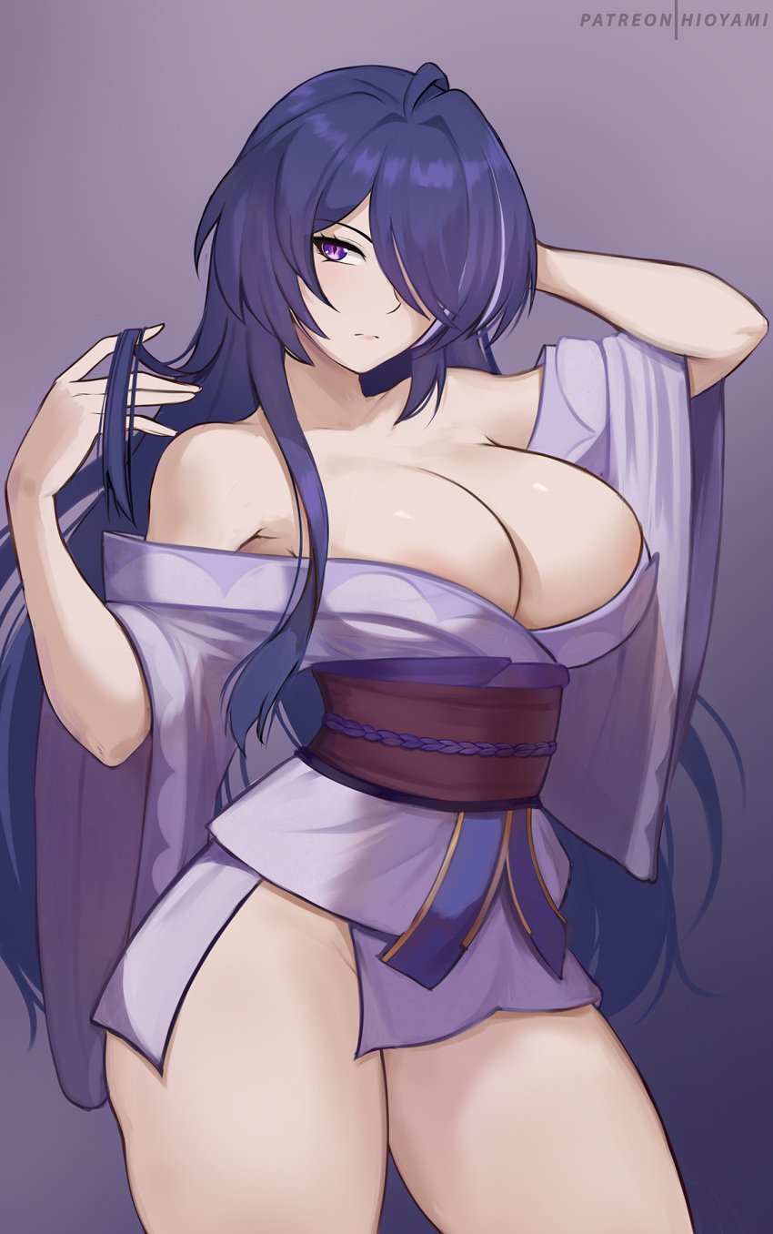 1girls acheron_(honkai:_star_rail) breasts cosplay crossover female genshin_impact high_resolution hioyami honkai:_star_rail honkai_(series) large_breasts light-skinned_female light_skin long_hair purple_eyes purple_hair raiden_shogun_(cosplay) solo_female thick_thighs