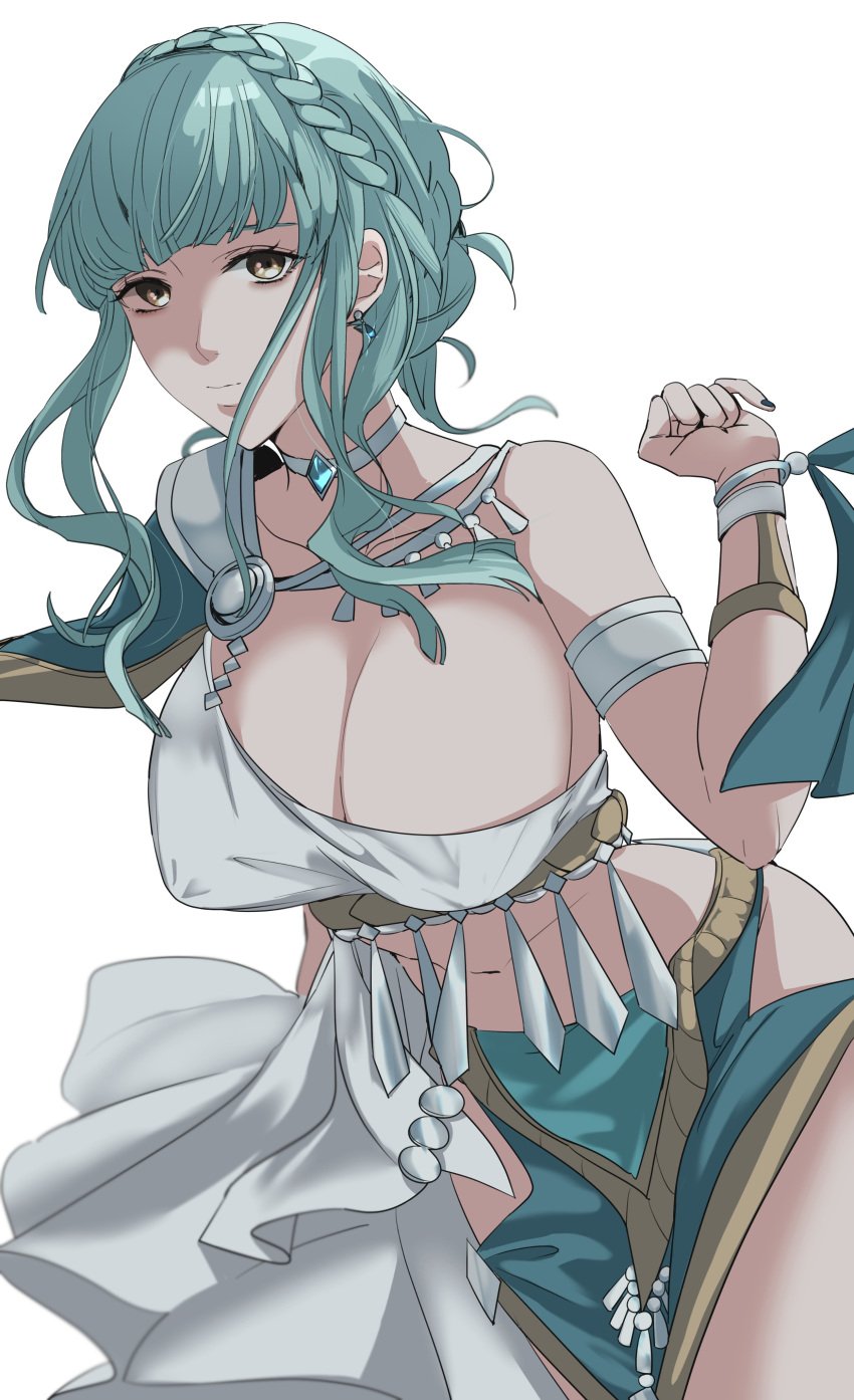 1girls absurdres adapted_costume alternate_costume armlet bangs blue_hair braid breasts brown_eyes cleavage closed_mouth commentary_request crown_braid dancer dancer_(fire_emblem:_three_houses) dancer_(three_houses) earrings female female_only fire_emblem fire_emblem:_three_houses highres jewelry large_breasts light_blue_hair looking_at_viewer marianne_von_edmund midriff nintendo official_alternate_costume pelvic_curtain short_hair sidelocks simple_background solo sou_mei white_background