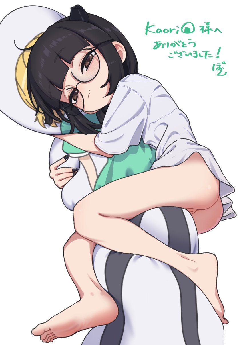 07th_expansion ass asymmetrical_horns barefoot black-framed_eyewear black_hair black_nails blush bodypillow bouen broken_horn brown_eyes butt female higurashi_no_naku_koro_ni houjou_satoko indie_virtual_youtuber itou_kaori_(vtuber) mole mole_above_mouth mole_on_arm nail_polish p_sychedelia_(artist) pussy virtual_youtuber white_shirt