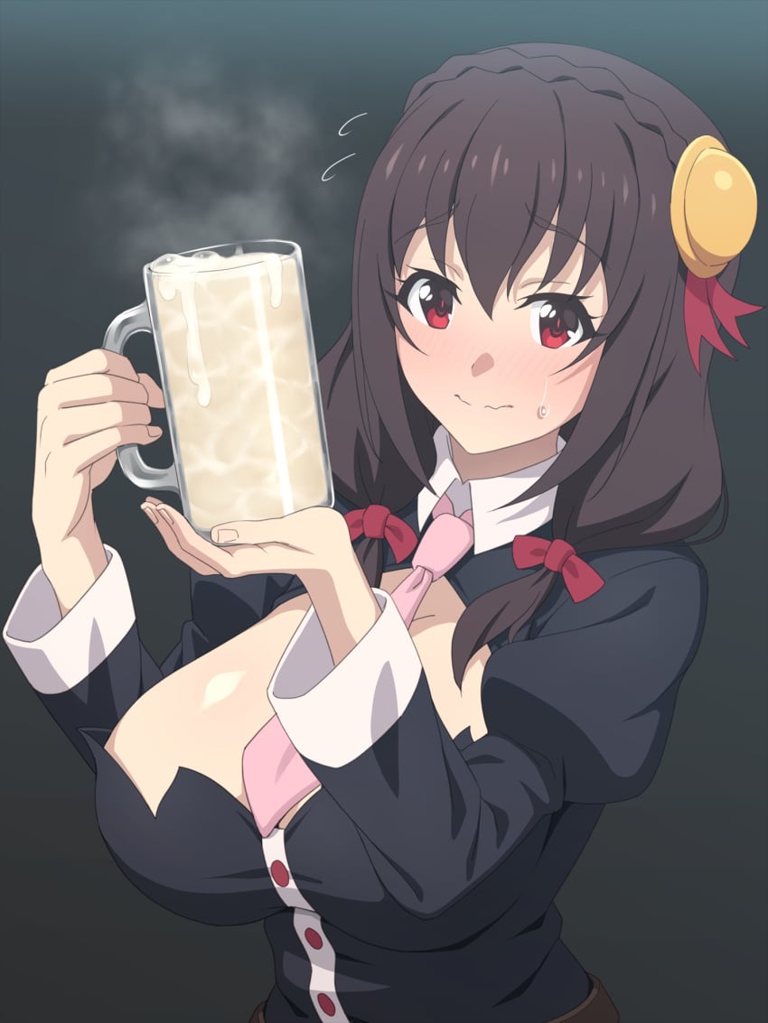 blush bow breasts brown_hair cleavage_cutout clothing_cutout commentary_request cum cum_in_container cum_in_cup cup drinking_glass female hair_between_eyes hair_ornament hairbow highres kono_subarashii_sekai_ni_bakuen_wo! kono_subarashii_sekai_ni_shukufuku_wo! large_breasts long_hair long_sleeves looking_at_viewer necktie red_eyes ribbon salty_semen_sommolier solo tedain yunyun_(konosuba)